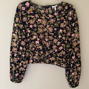 The Get Linen Blend Floral Black Pink Crop Elastic Waist Blouse Shirt Women S